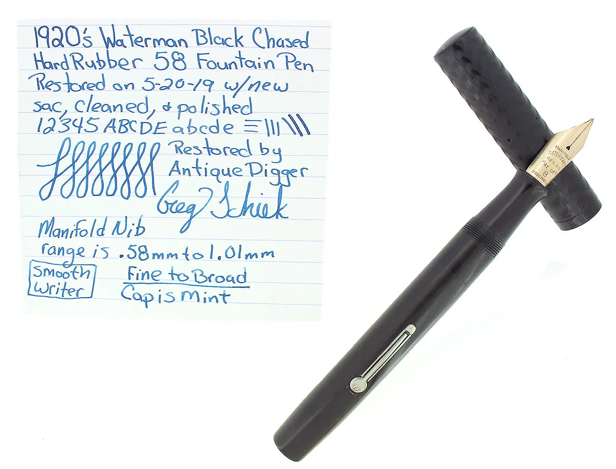 1920s WATERMAN 58 BLACK CHASED HARD RUBBER FOUNTAIN PEN #8 MANIFOLD NIB RESTORED