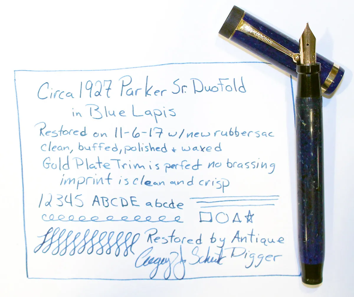 1927 PARKER DUOFOLD SENIOR BLUE LAPIS FOUNTAIN PEN IN RESTORED CONDITION WITH CRISP IMPRINT