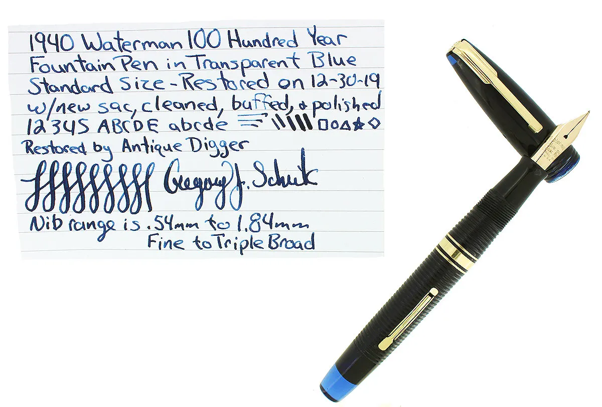 1940 TRANSPARENT BLUE WATERMAN 100 YEAR FOUNTAIN PEN F-BBB FLEX NIB RESTORED