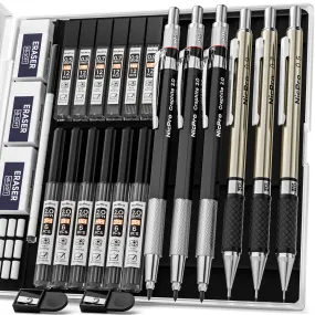 Nicpro 6Pcs Art Mechanical Pencils Set, 3 Pcs Metal Drafting Pencil 0.5mm & 0.7mm & 0.9mm and 3 Pcs 2mm Graphite Lead Holder (2B HB 2H) with 12 Tubes Lead Refills